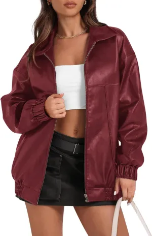 Yousify Womens Leather Jacket Oversized Faux Casual Zip Up Bomber Motorcycle Jackect Trendy Fall Winter Clothes S-XXL