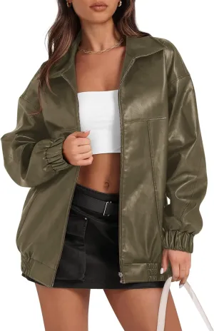 Yousify Womens Leather Jacket Oversized Faux Casual Zip Up Bomber Motorcycle Jackect Trendy Fall Winter Clothes S-XXL