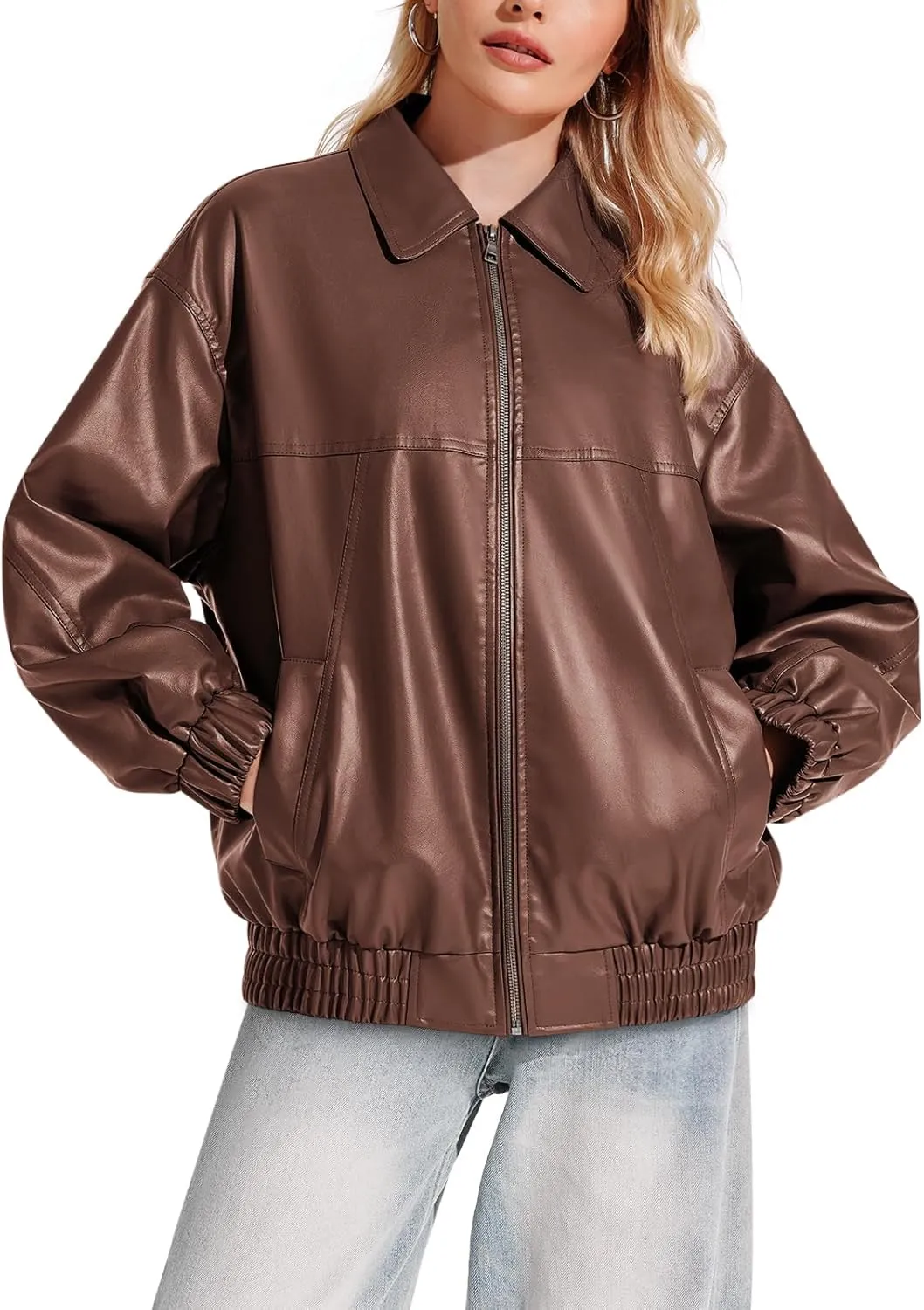 Yousify Womens Leather Jacket Oversized Faux Casual Zip Up Bomber Motorcycle Jackect Trendy Fall Winter Clothes S-XXL