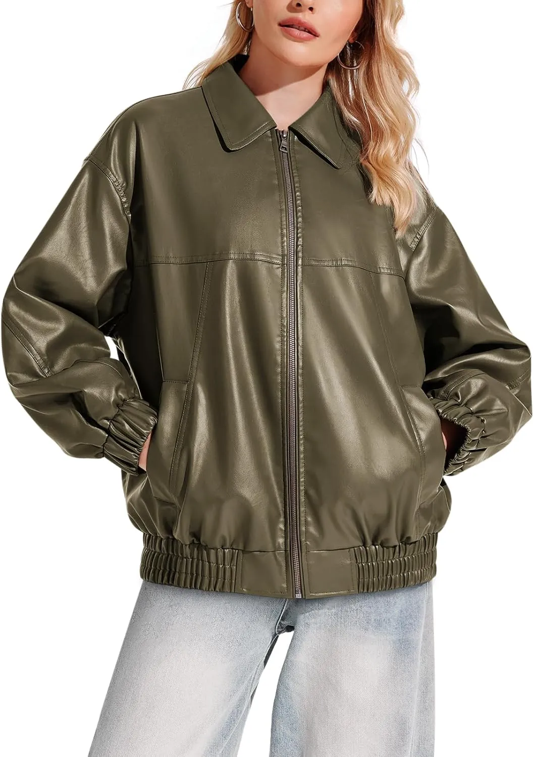 Yousify Womens Leather Jacket Oversized Faux Casual Zip Up Bomber Motorcycle Jackect Trendy Fall Winter Clothes S-XXL