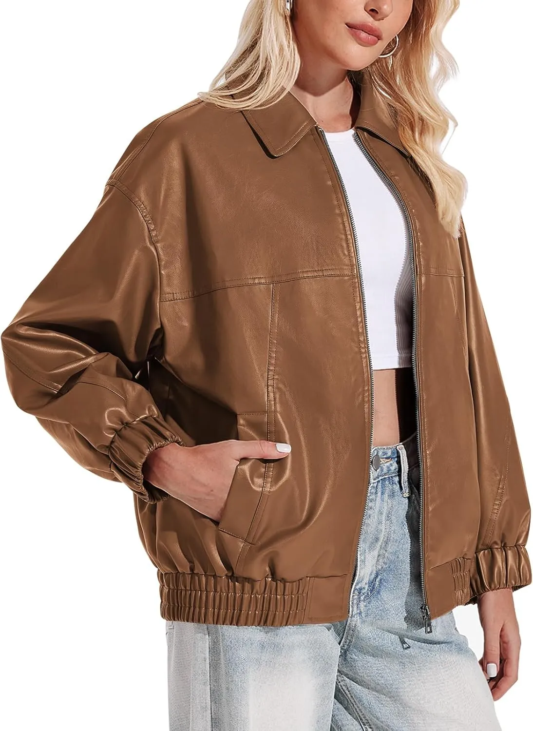 Yousify Womens Leather Jacket Oversized Faux Casual Zip Up Bomber Motorcycle Jackect Trendy Fall Winter Clothes S-XXL