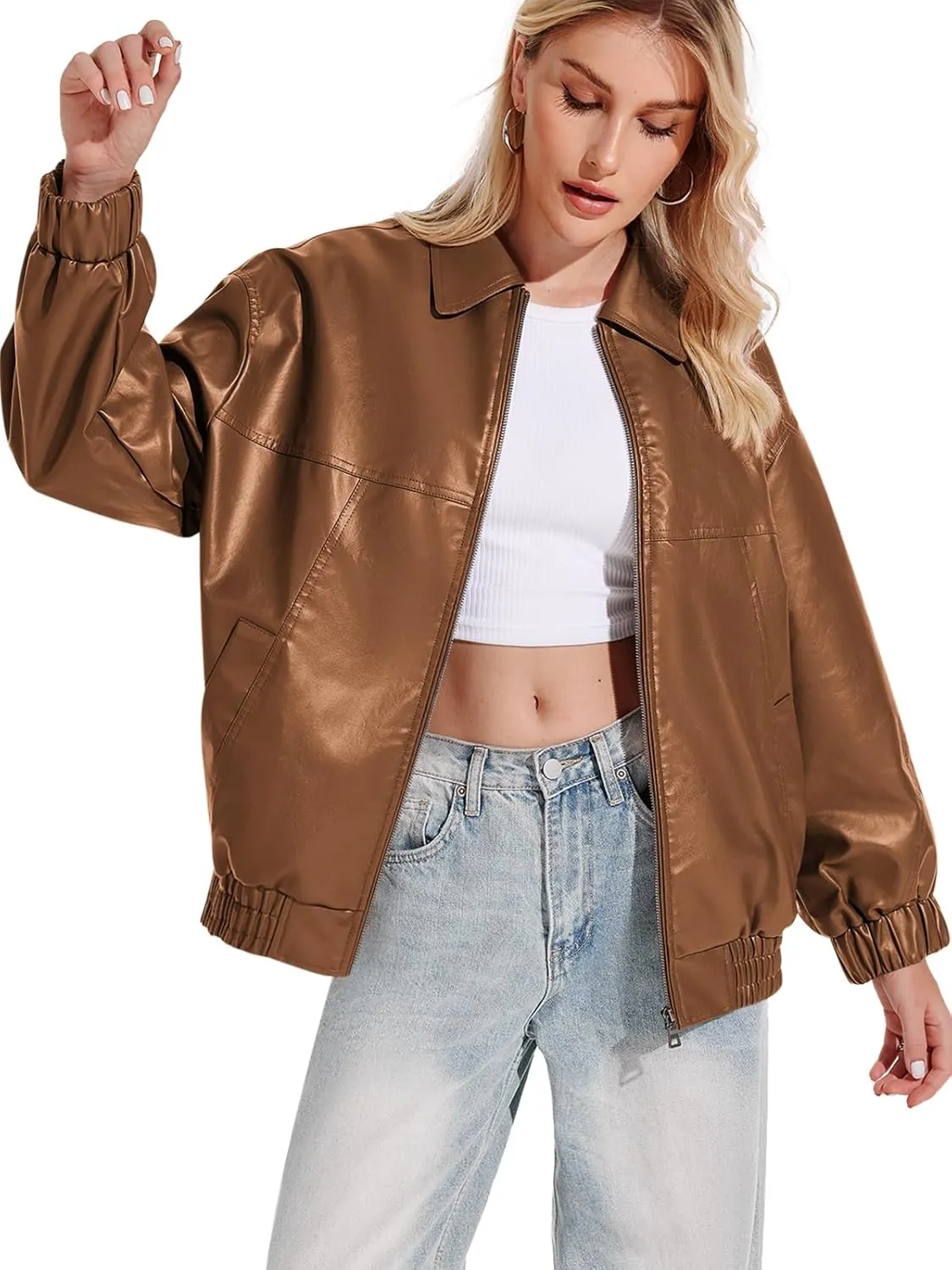 Yousify Womens Leather Jacket Oversized Faux Casual Zip Up Bomber Motorcycle Jackect Trendy Fall Winter Clothes S-XXL