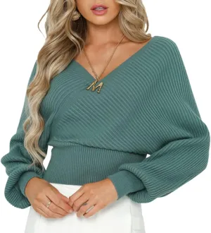 ZAFUL Women's Wrap V Neck Knit Cropped Sweater Lantern Long Sleeve Sexy Cross Ribbed Drop Shoulder Pullover Tops