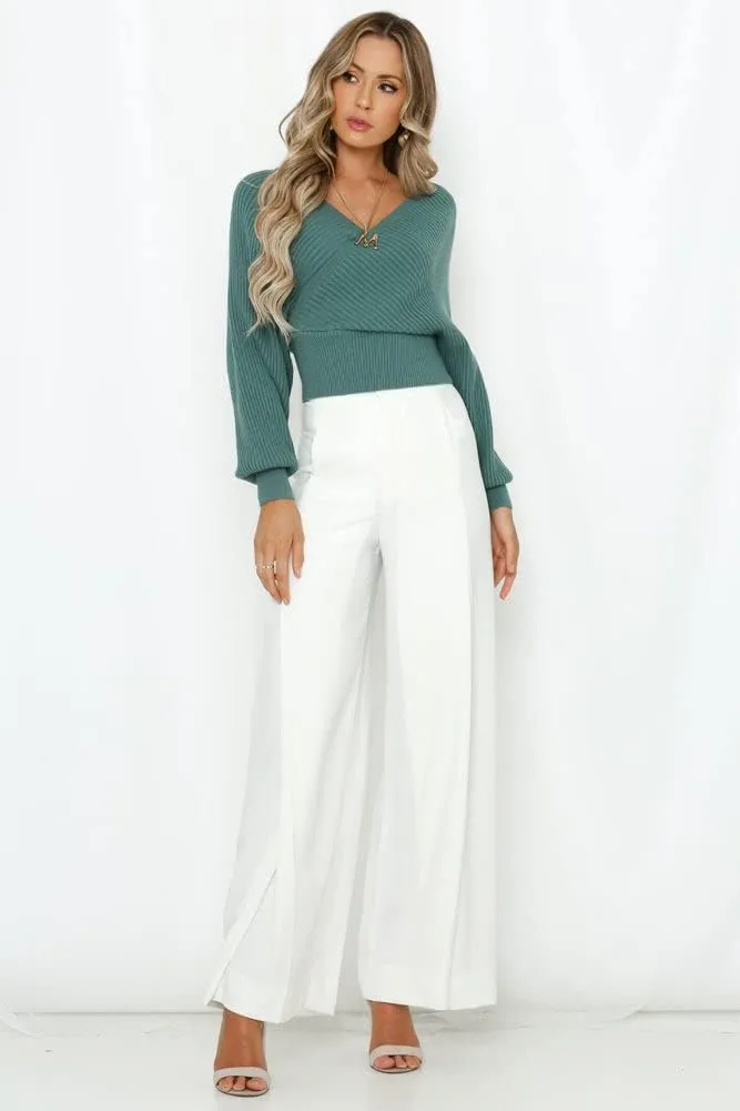 ZAFUL Women's Wrap V Neck Knit Cropped Sweater Lantern Long Sleeve Sexy Cross Ribbed Drop Shoulder Pullover Tops