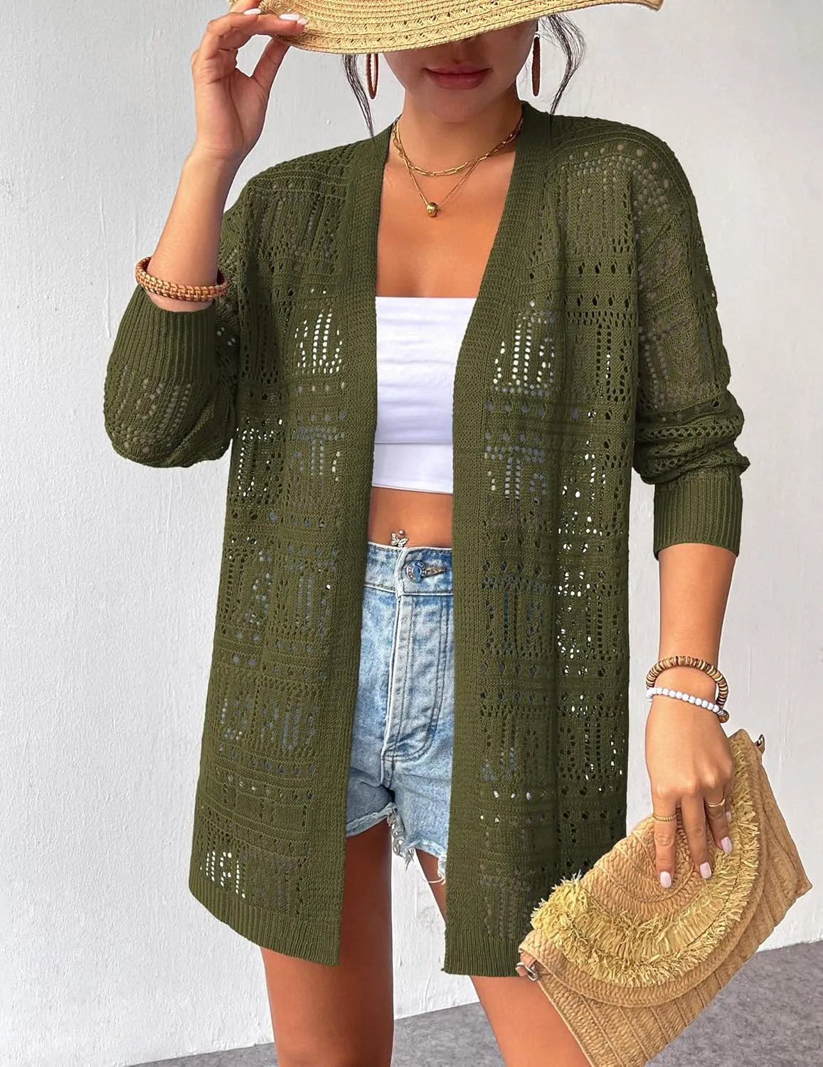 Zeagoo Womens 2025 Summer Crochet Cardigan Sweaters Lightweight Long Sleeve Open Front Kimono Boho Knit Cover Ups