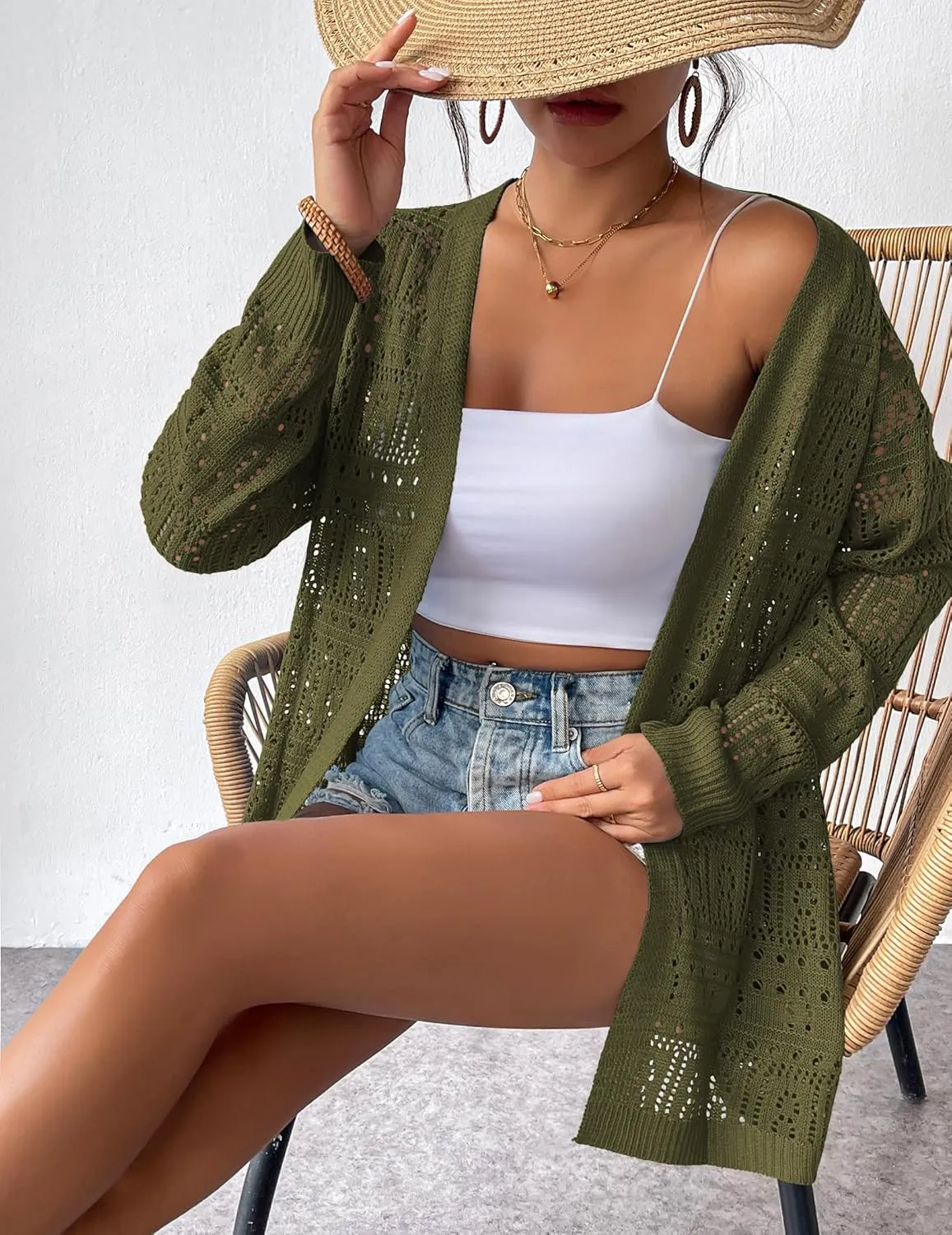 Zeagoo Womens 2025 Summer Crochet Cardigan Sweaters Lightweight Long Sleeve Open Front Kimono Boho Knit Cover Ups