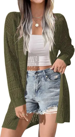 Zeagoo Womens 2025 Summer Crochet Cardigan Sweaters Lightweight Long Sleeve Open Front Kimono Boho Knit Cover Ups