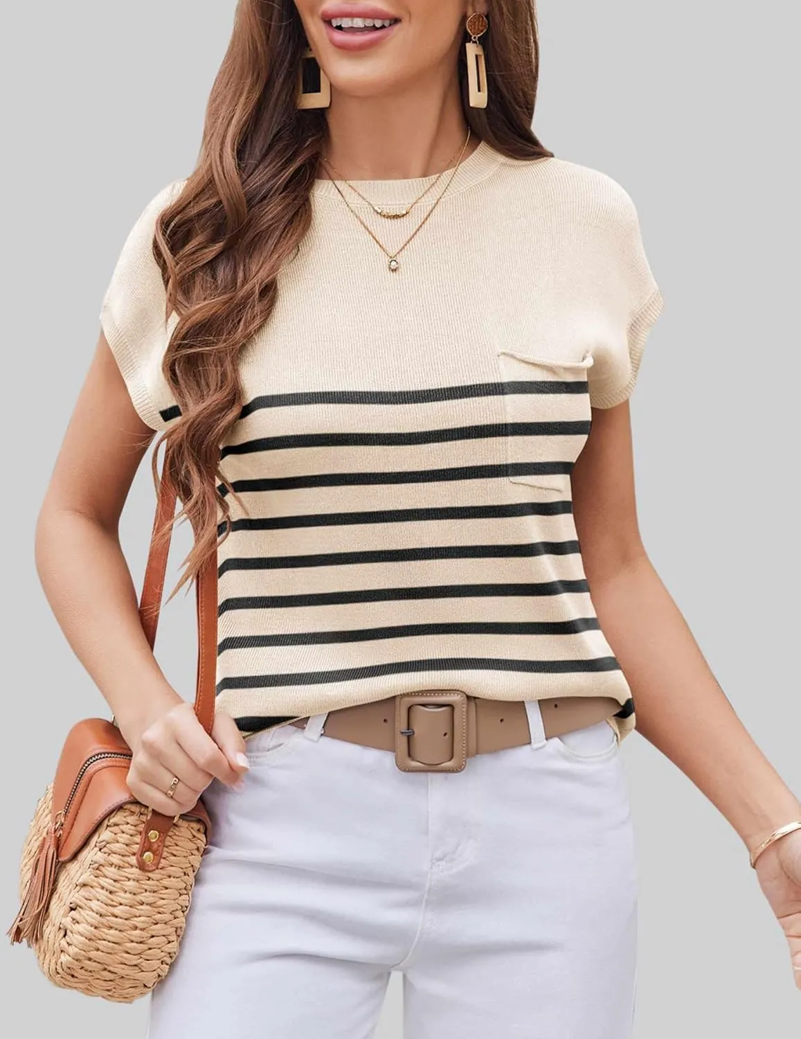 Zeagoo Womens Sweater Vest Fall 2024 Loose Fit Cape Sleeve Knit Ribbed Tank Tops with Front Pocket S-XXL