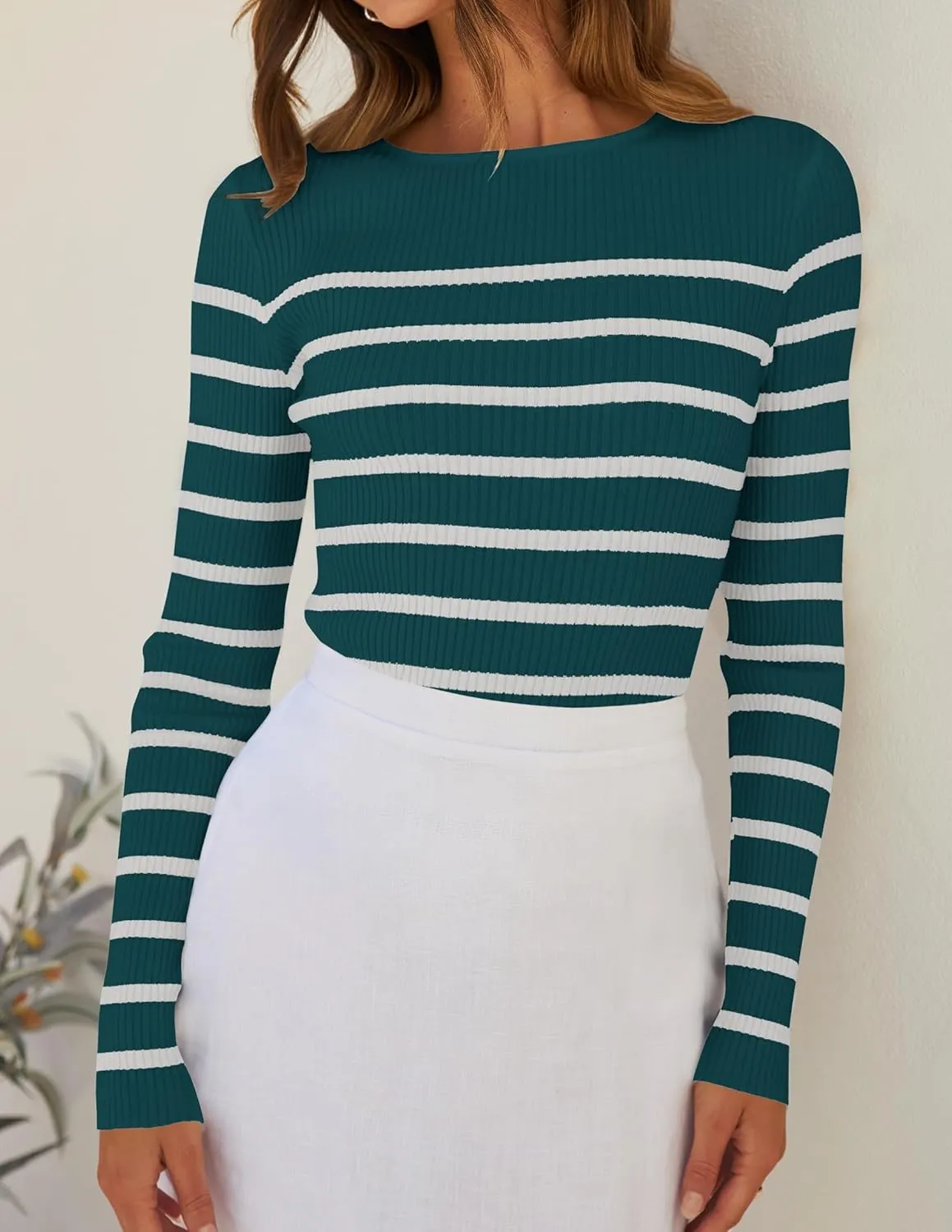 ZESICA Women's Long Sleeve Crewneck Striped Shirts Spring Ribbed Knit Sweater Slim Fitted Casual Basic Tee Tops