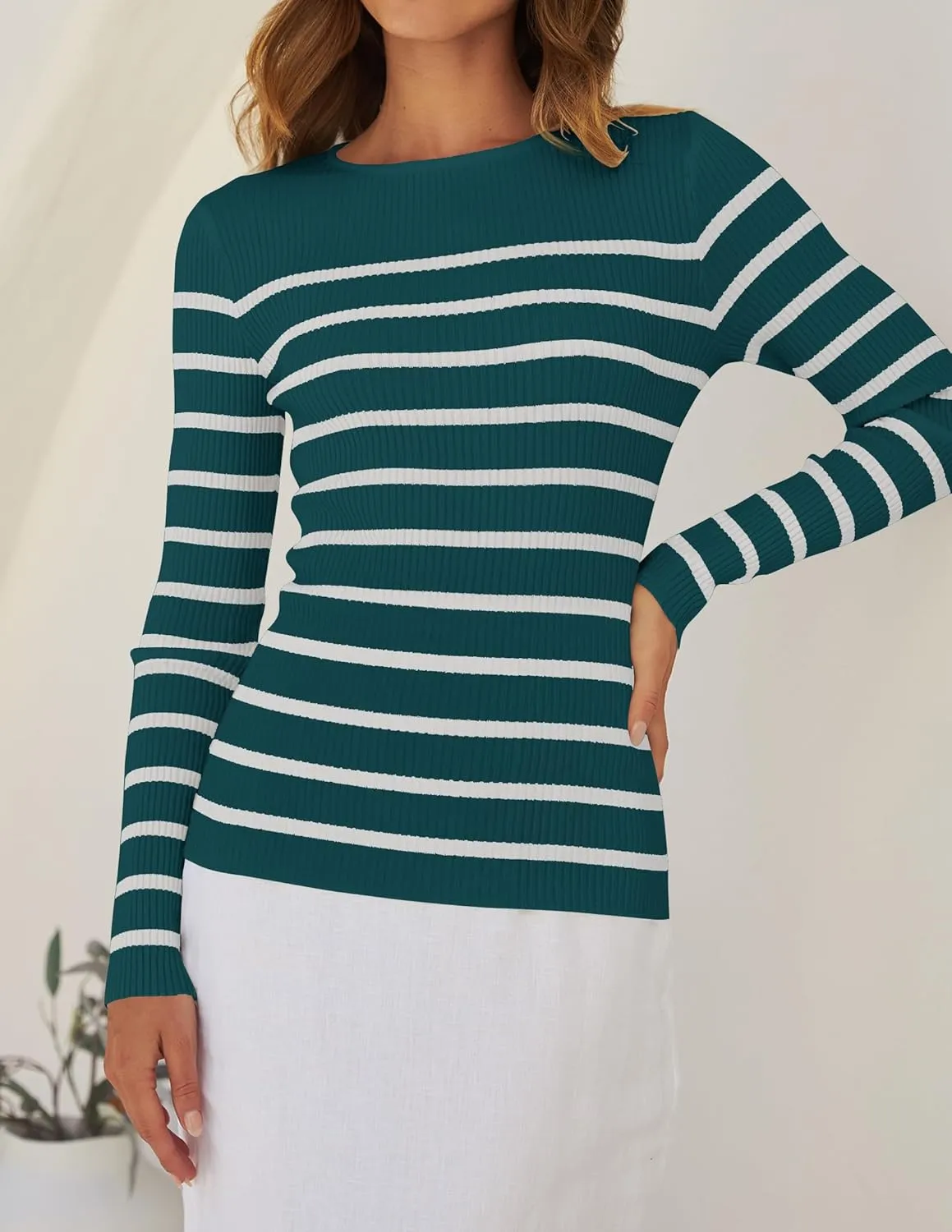 ZESICA Women's Long Sleeve Crewneck Striped Shirts Spring Ribbed Knit Sweater Slim Fitted Casual Basic Tee Tops
