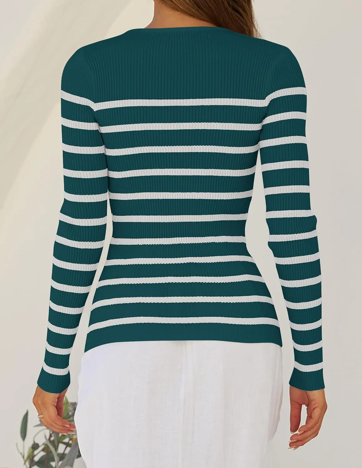 ZESICA Women's Long Sleeve Crewneck Striped Shirts Spring Ribbed Knit Sweater Slim Fitted Casual Basic Tee Tops