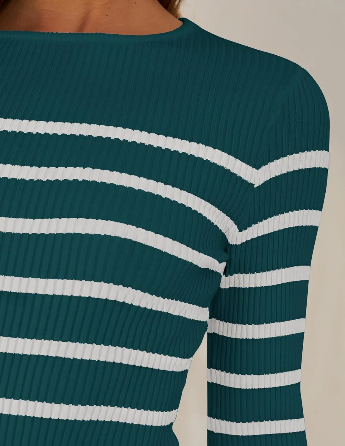ZESICA Women's Long Sleeve Crewneck Striped Shirts Spring Ribbed Knit Sweater Slim Fitted Casual Basic Tee Tops