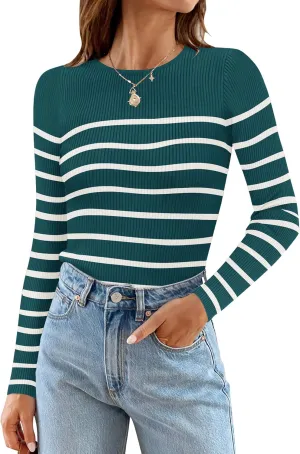 ZESICA Women's Long Sleeve Crewneck Striped Shirts Spring Ribbed Knit Sweater Slim Fitted Casual Basic Tee Tops