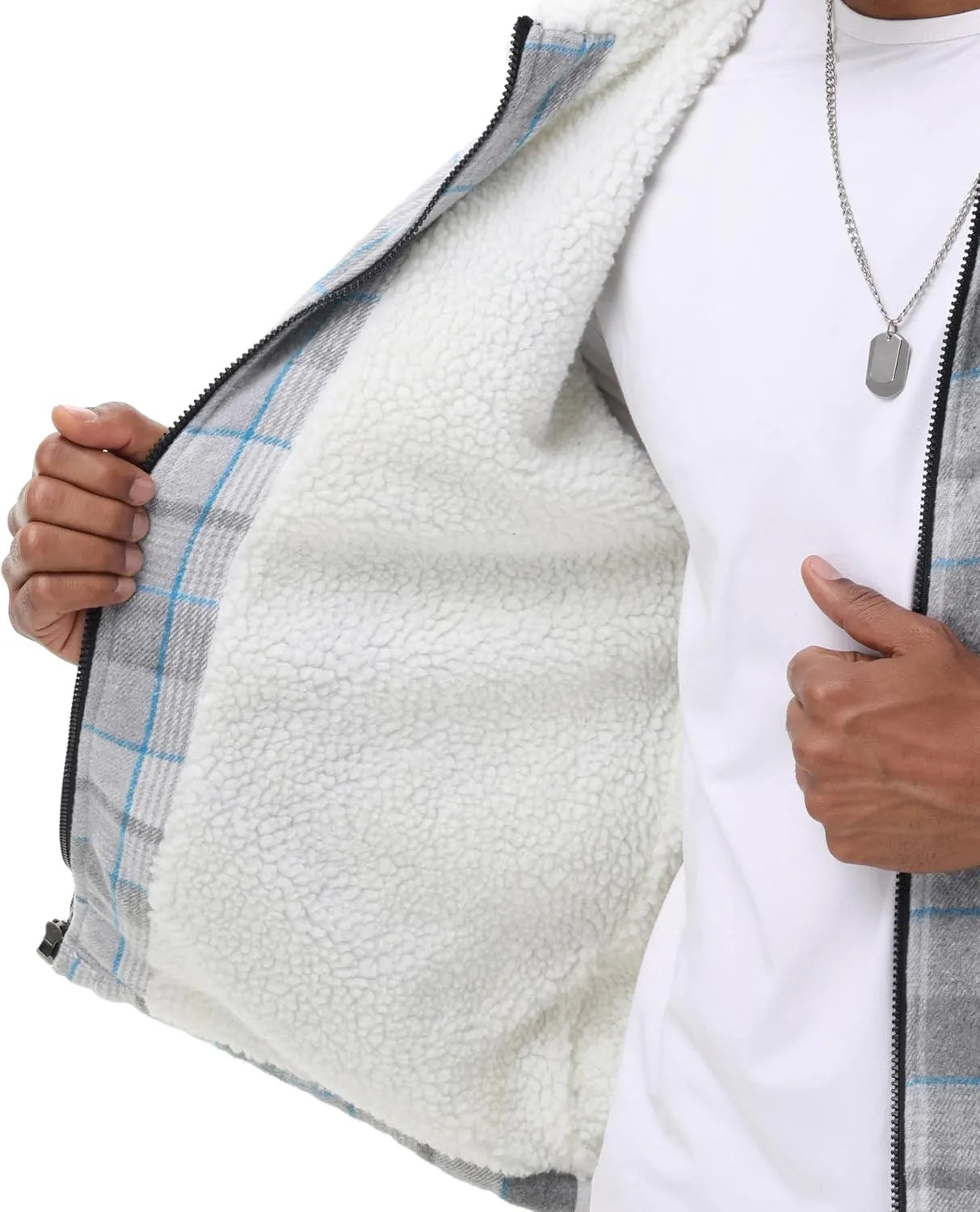 ZITY Mens Flannel Jacket Lapel Full Zip Up Fleece Plaid Sherpa Lined Coat