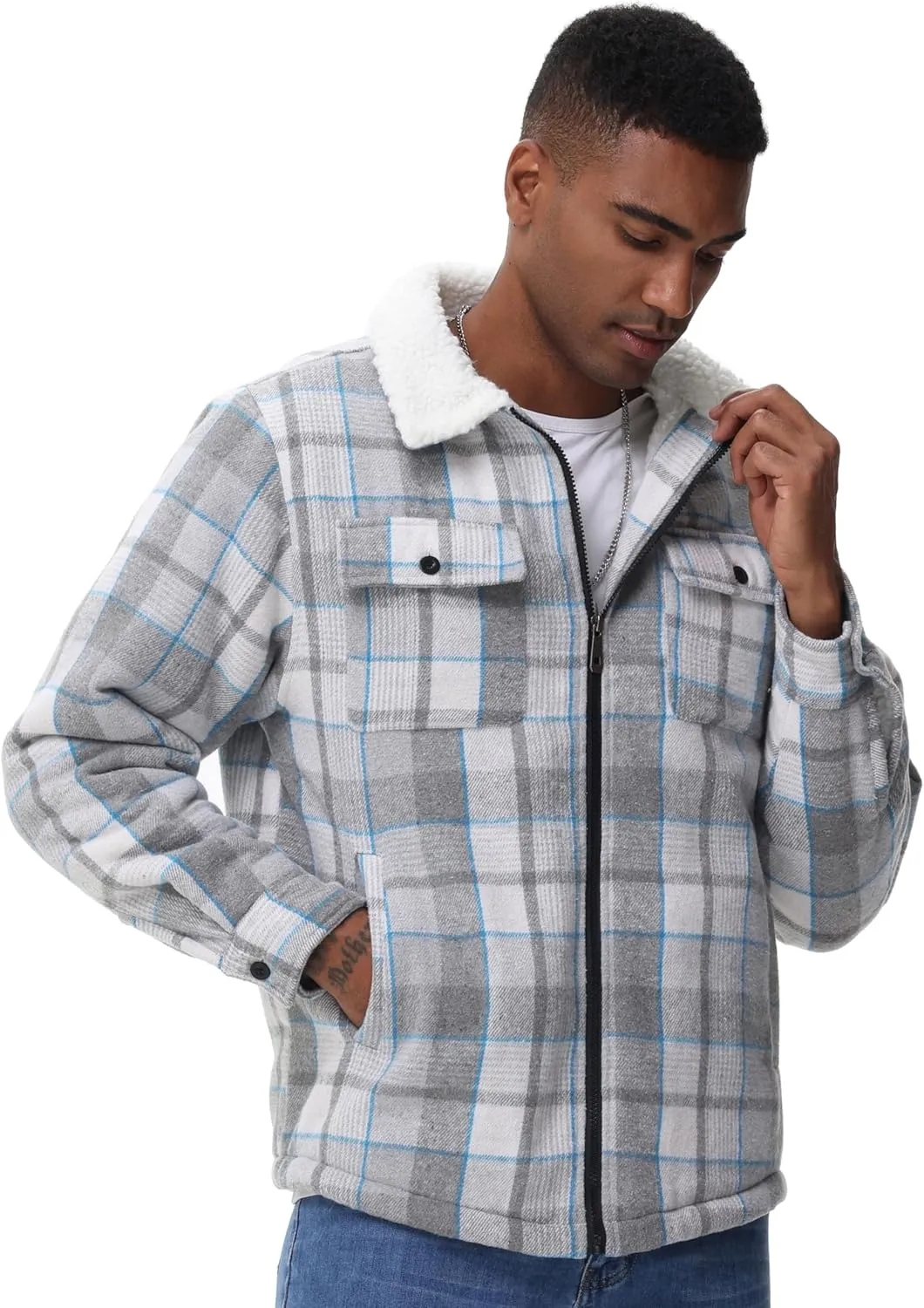 ZITY Mens Flannel Jacket Lapel Full Zip Up Fleece Plaid Sherpa Lined Coat