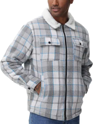 ZITY Mens Flannel Jacket Lapel Full Zip Up Fleece Plaid Sherpa Lined Coat