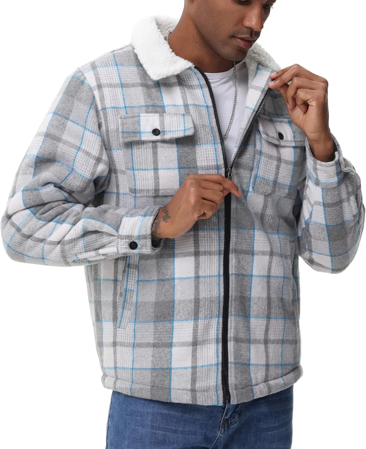 ZITY Mens Flannel Jacket Lapel Full Zip Up Fleece Plaid Sherpa Lined Coat