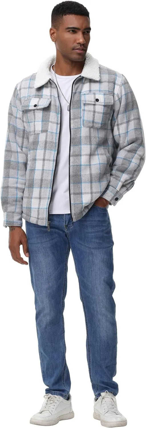 ZITY Mens Flannel Jacket Lapel Full Zip Up Fleece Plaid Sherpa Lined Coat